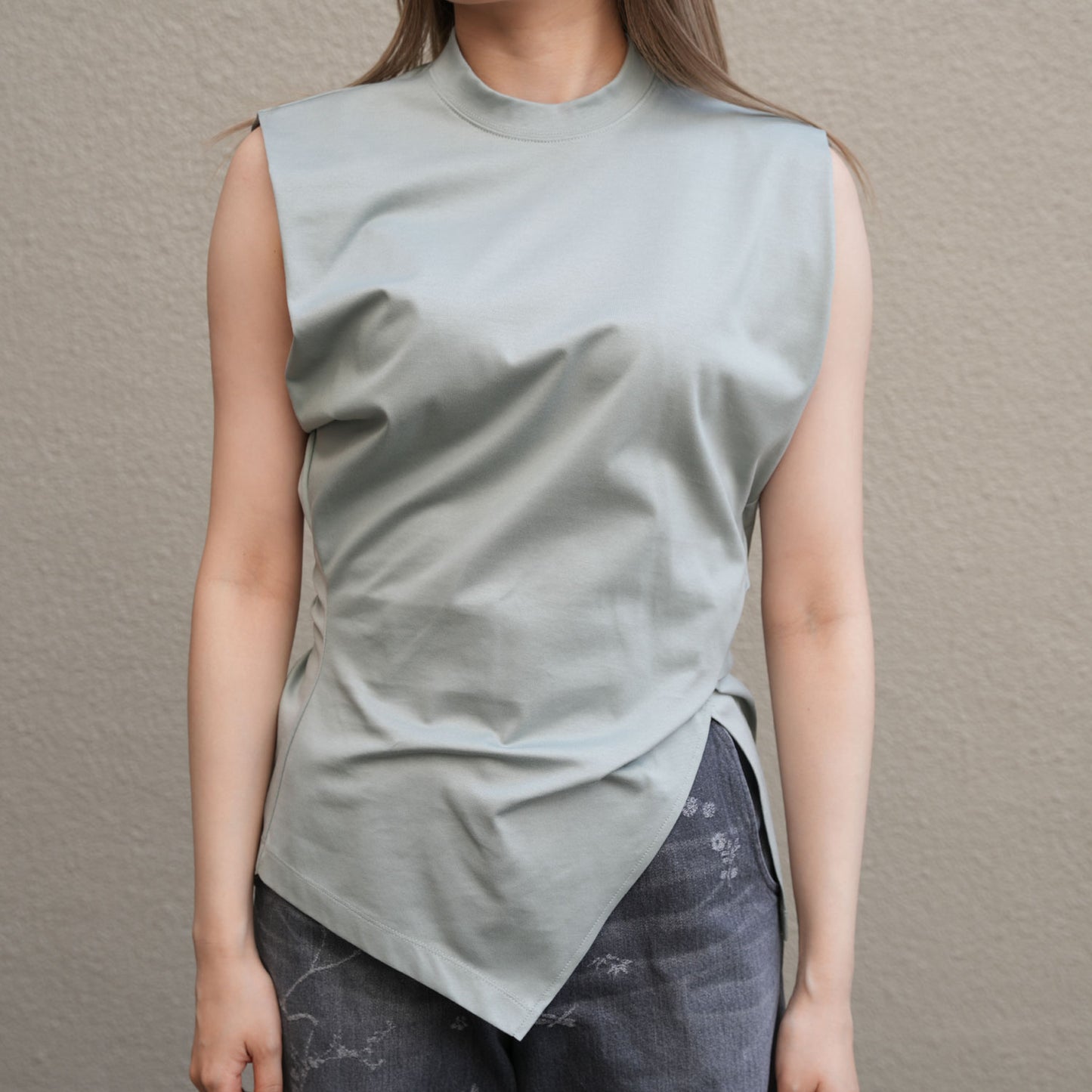 Cotton Jersey Asymmetric Sleeveless Top - grey