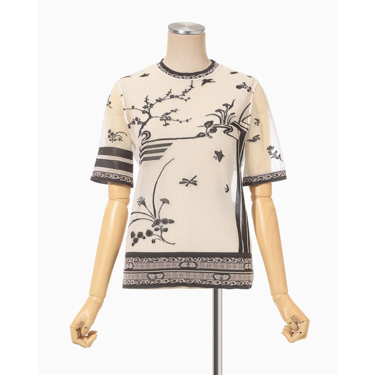 【人気沸騰】 Neck Crew Knitted Sheer Pattern Nature Top-black OBLIGE – トップス