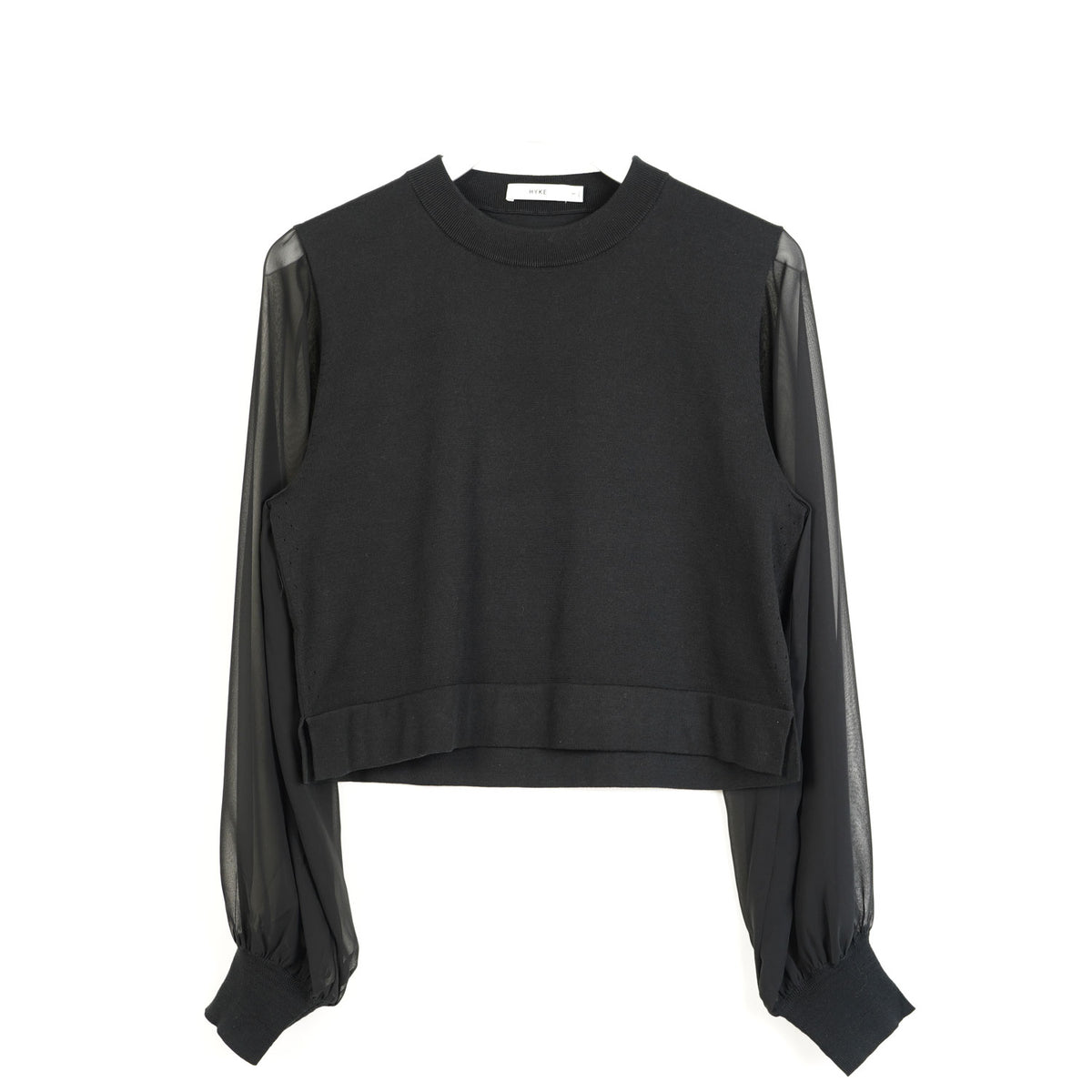SHEER SLEEVES CREW NECK CROPPED KNIT-BLACK- – OBLIGE