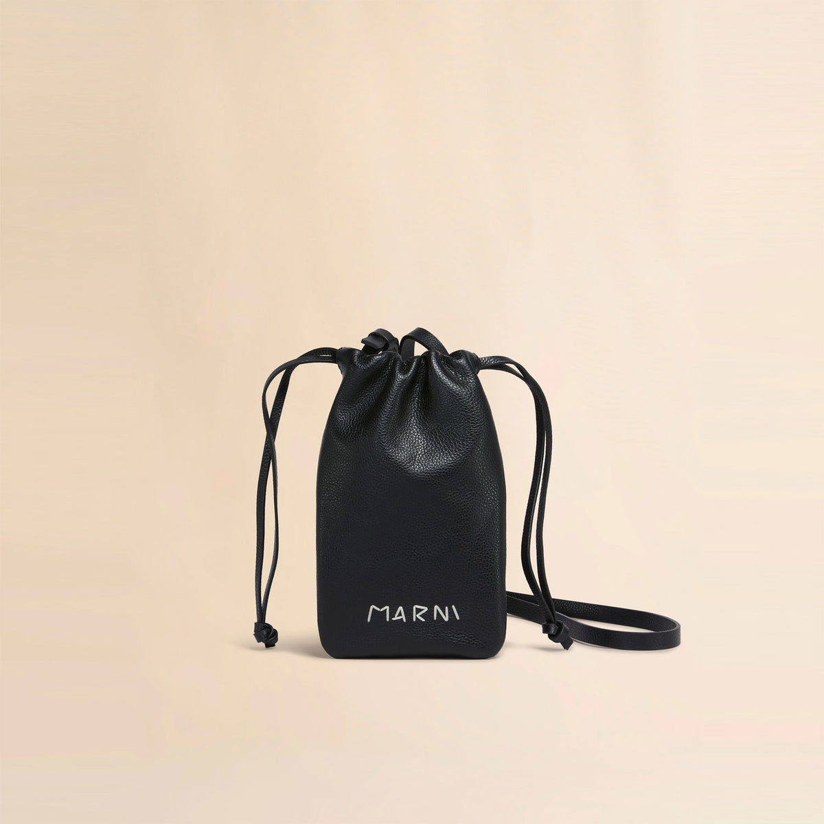 Black leather drawstring smartphone holder with Marni mending – OBLIGE
