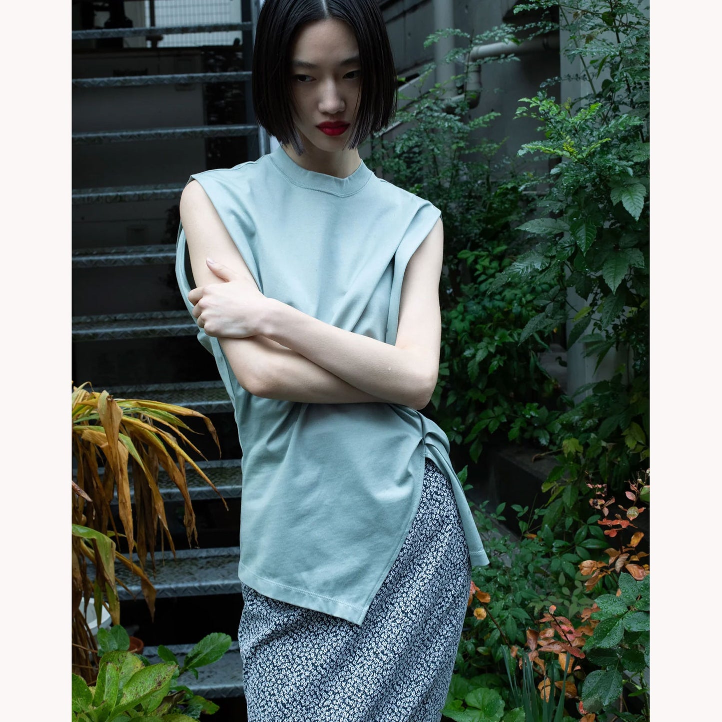 Cotton Jersey Asymmetric Sleeveless Top - grey