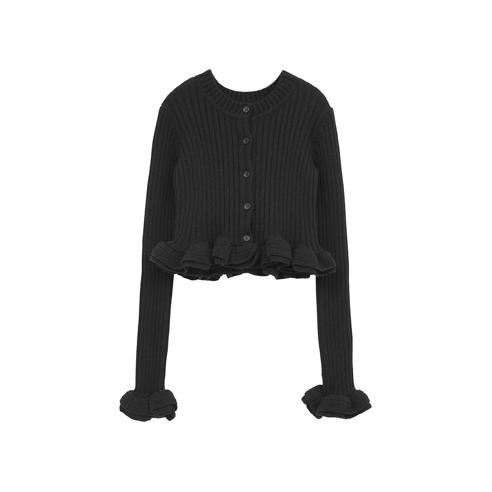 W FACE SHORT FRILLED KNIT TOPS -BLACK- – OBLIGE