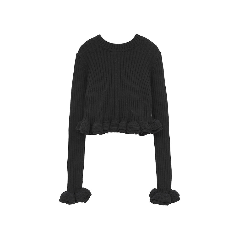 W FACE SHORT FRILLED KNIT TOPS -BLACK- – OBLIGE