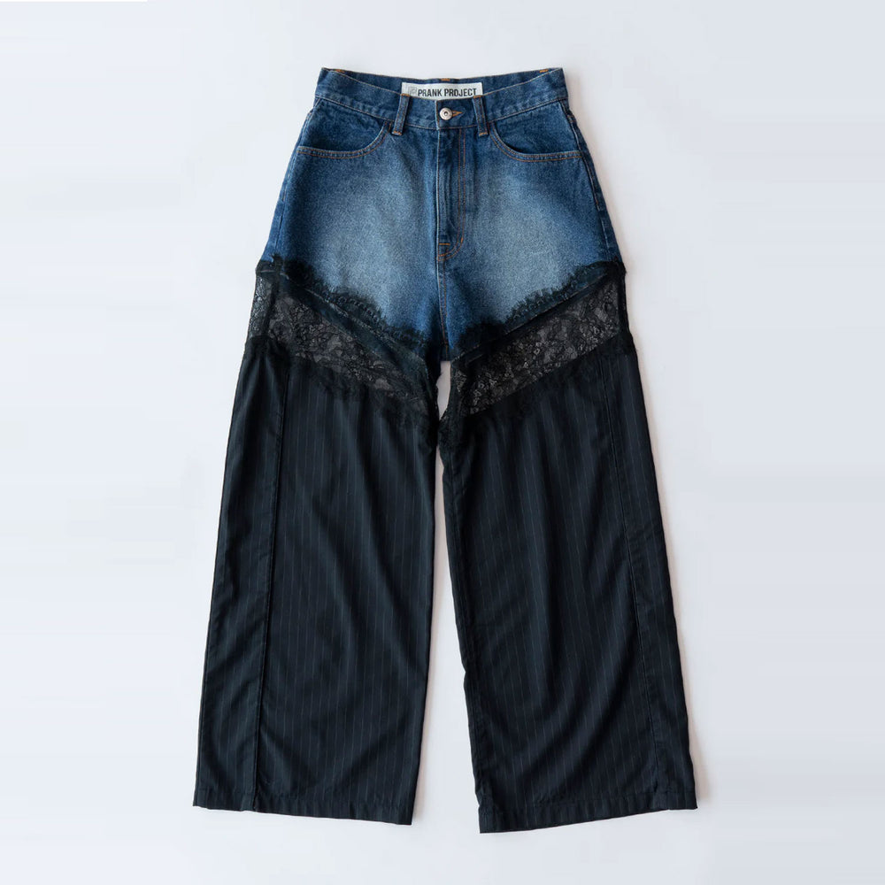 Denim Lace Blocking Pants-BLUE-