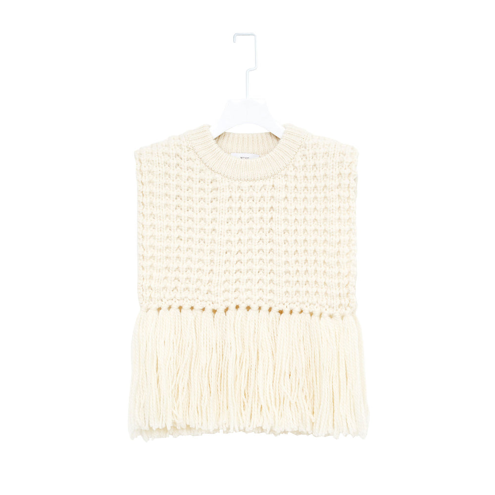 WAFFLE-KNIT SWEATER TOP W/FRINGE