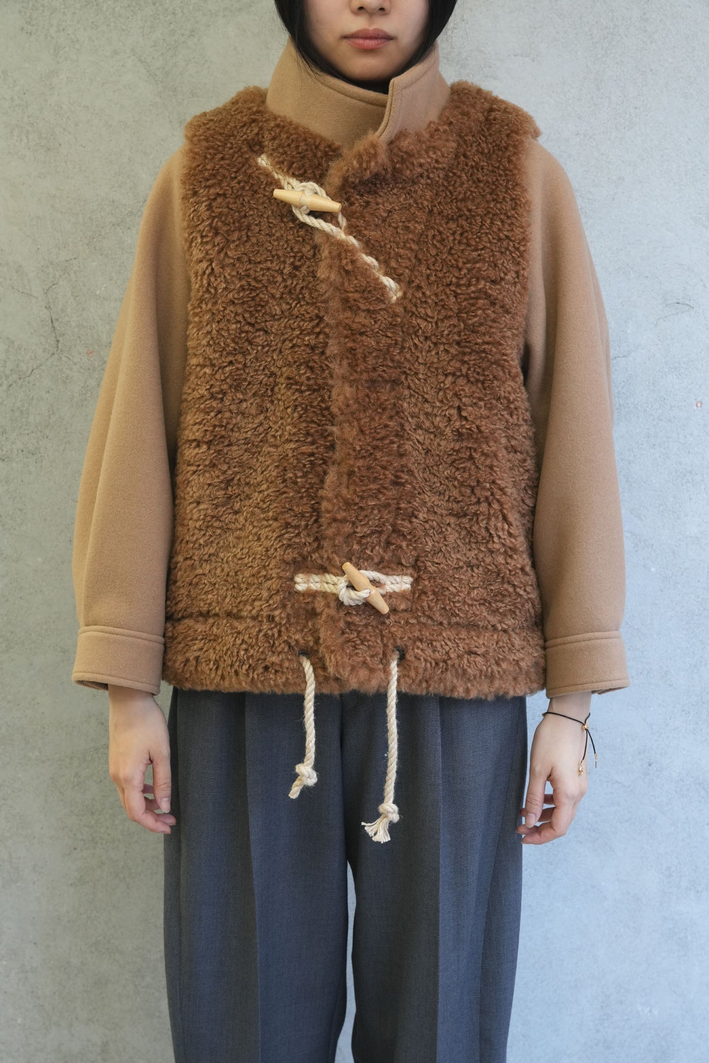 
                  
                    DOUBLE FACE FAUX SHEARLING DUFFLE JACKET-CREAM-
                  
                