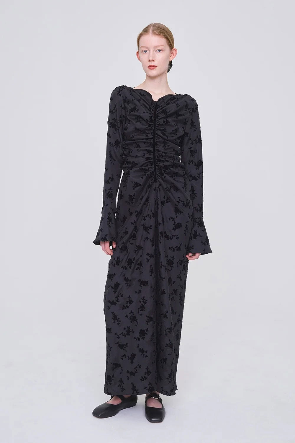 
                  
                    FLOCKED ROSE PRINT GATHERED DRESS
                  
                