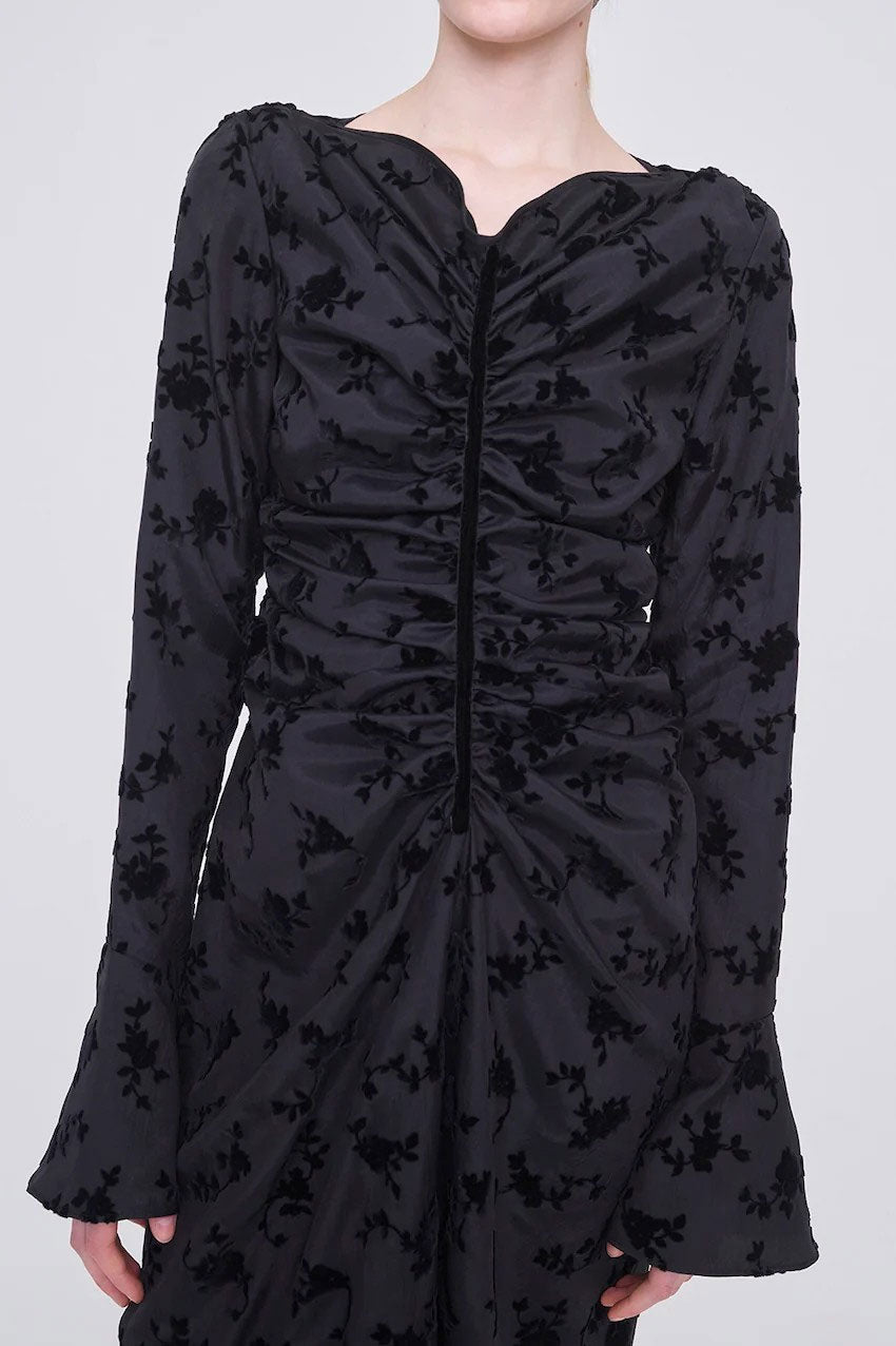 
                  
                    FLOCKED ROSE PRINT GATHERED DRESS
                  
                