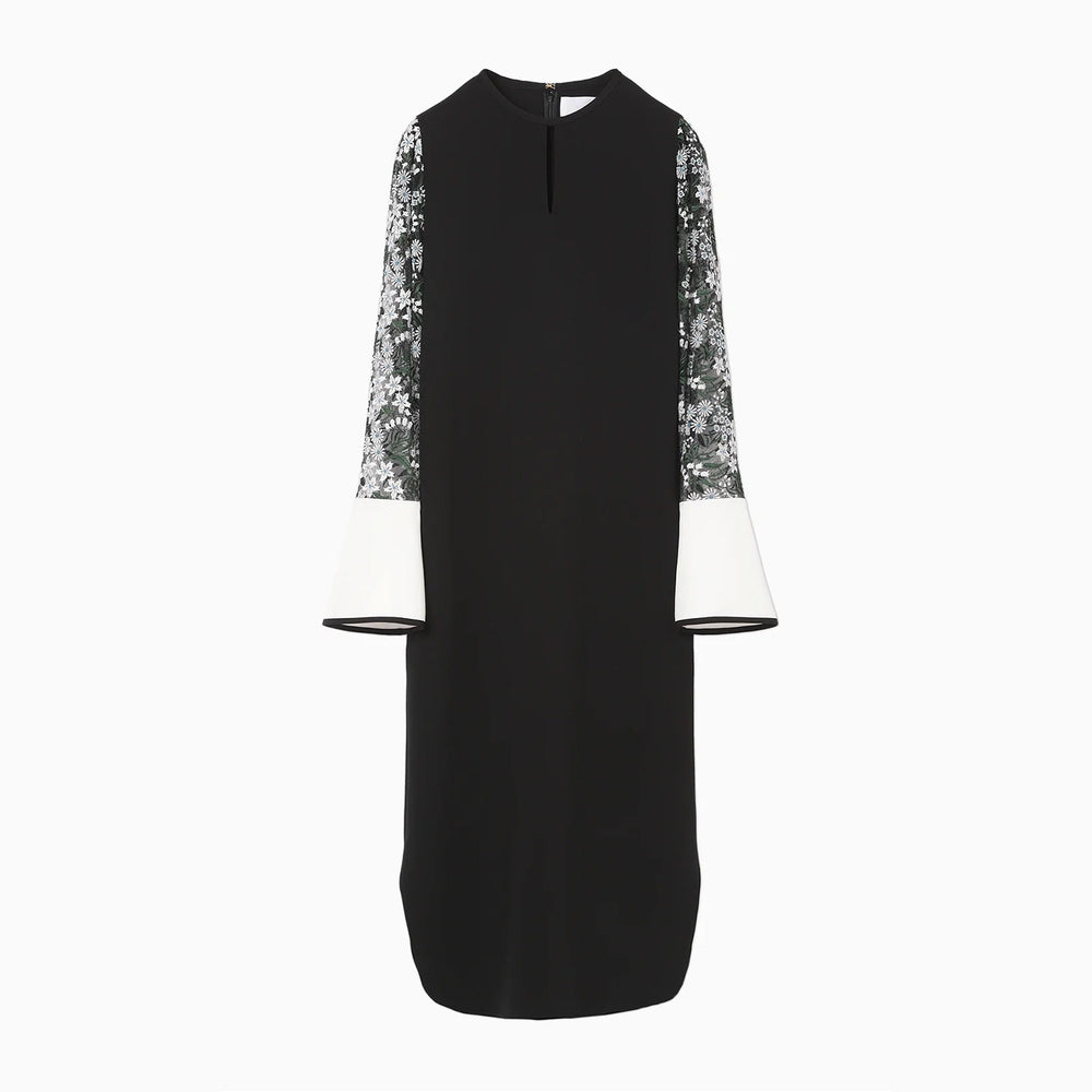 Floral Lace-Sleeve Classic Dress - black