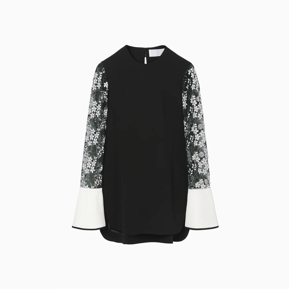 Floral Lace-Sleeve Classic Top - black