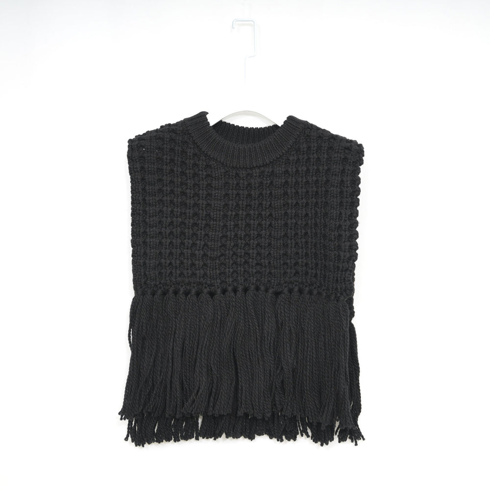 WAFFLE-KNIT SWEATER TOP W/FRINGE