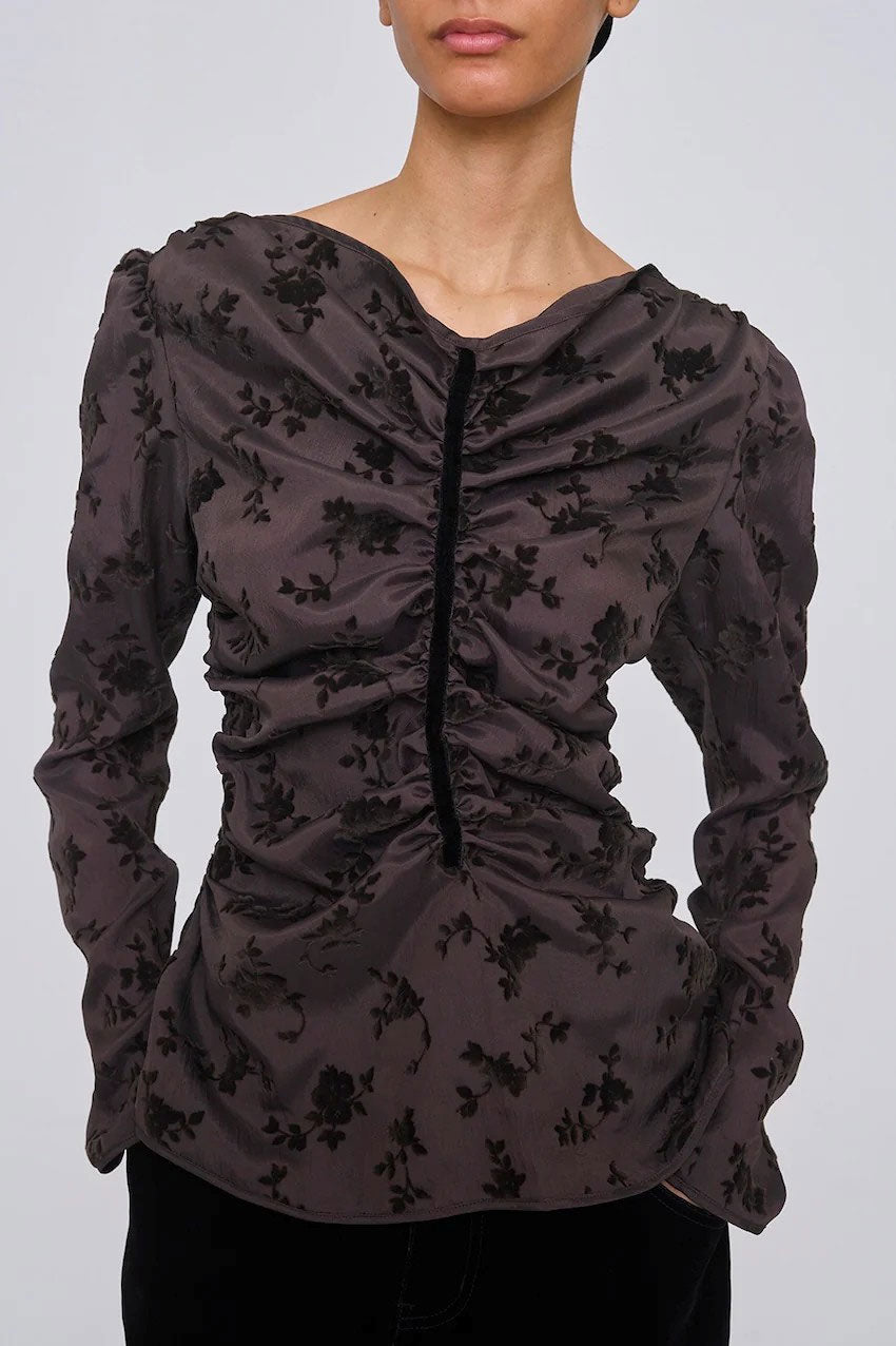 
                  
                    FLOCKED ROSE PRINT GATHERED BLOUSE
                  
                