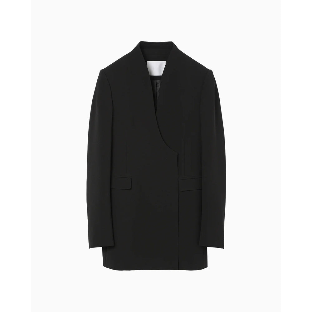 Acetate Polyester Collarless Double Breasted Suit Jacket - black