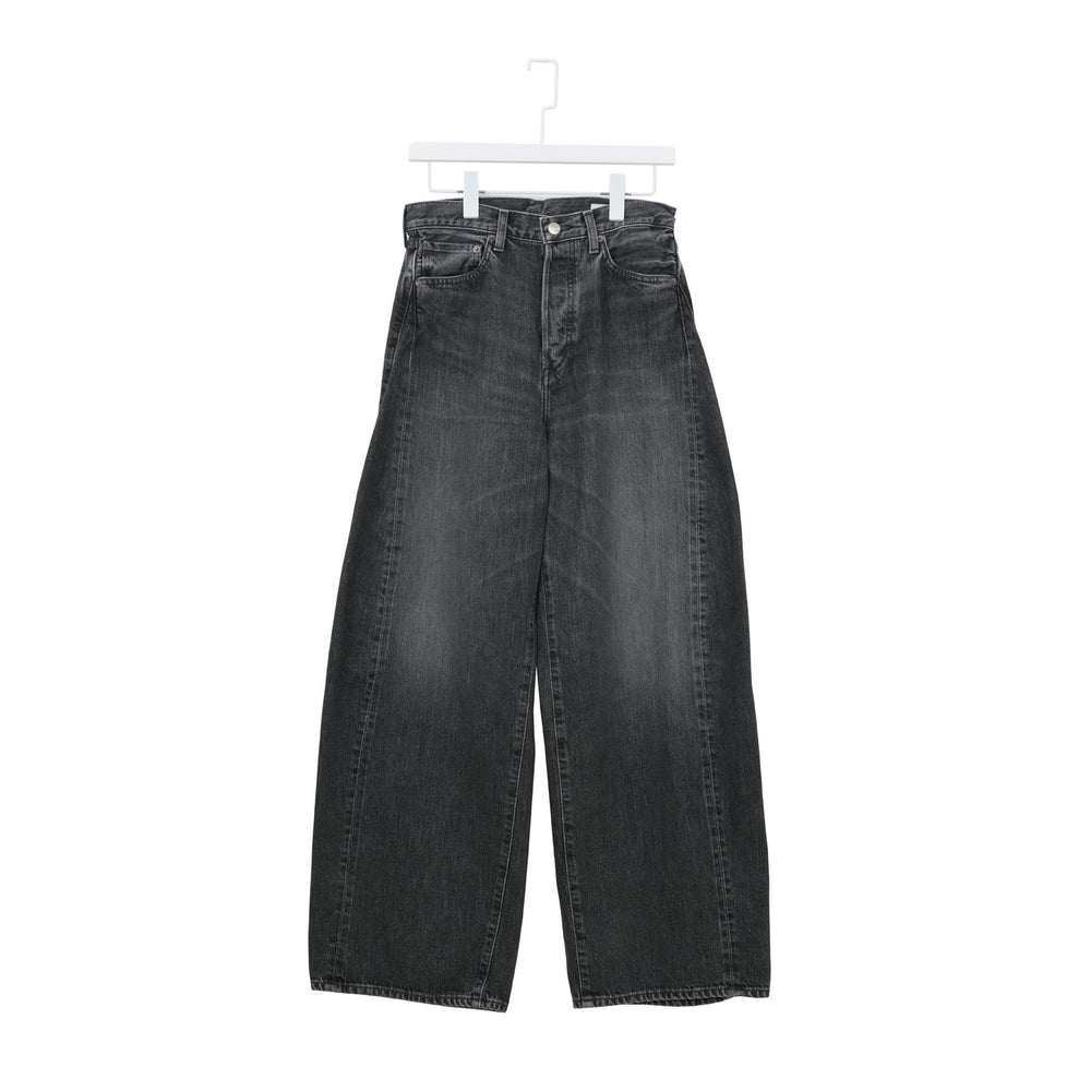 DENIM BARREL LEG JEANS -USED WASH(BLACK)-