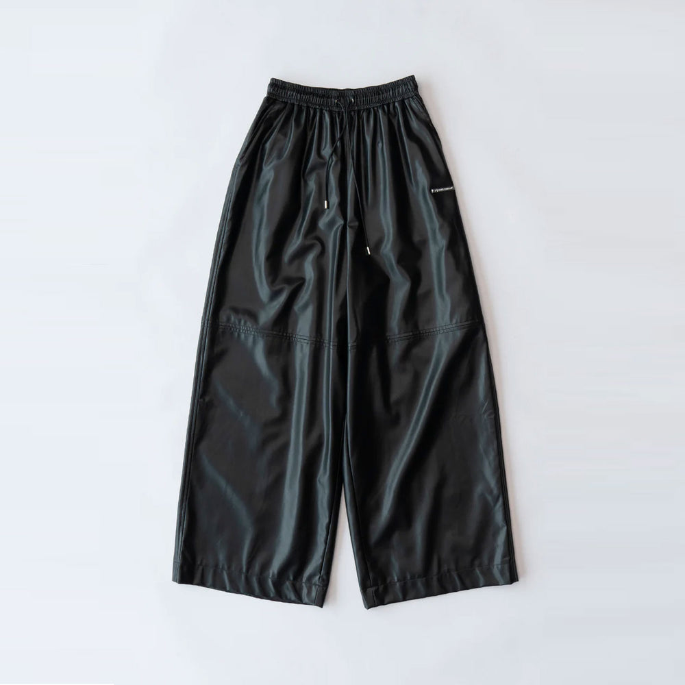 Synthetic Leather Voluminous Wide Pants-BLACK-