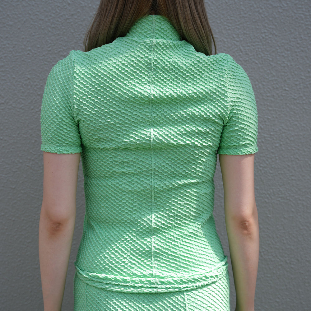 Shirring Jersey Jacquard High Neck Top - black – OBLIGE