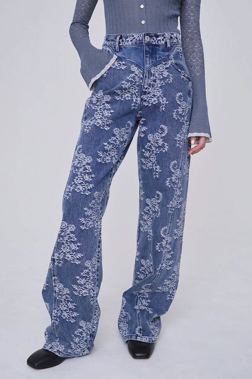 
                  
                    LACE-JACQUARD DENIM STRAIGHT JEANS
                  
                