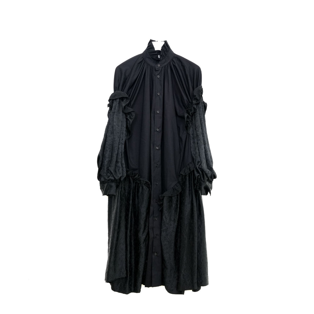 綿ブロード×アセテートサテンシャツワンピース-BLACK-