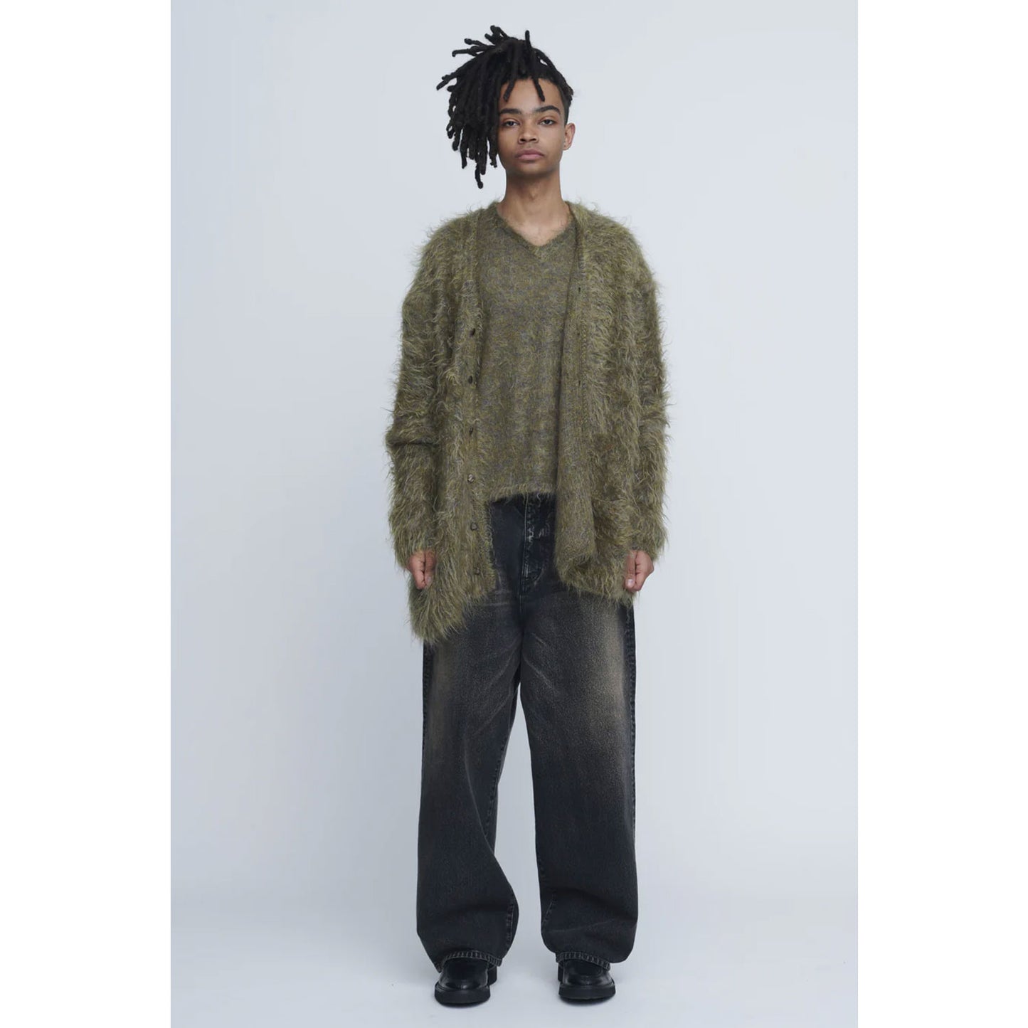 
                  
                    Shaggy V-Neck Cardigan-KHAKI-
                  
                