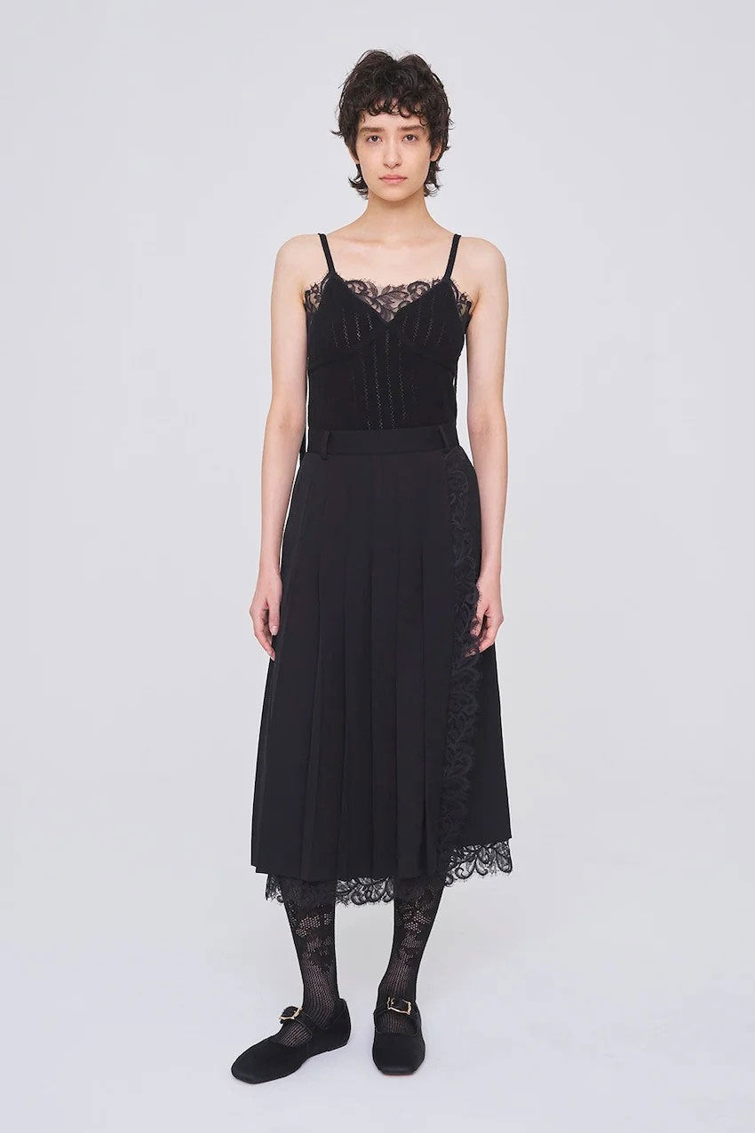 
                  
                    FINE WOOL PLEATED SKIRT WITH LACE TRIM
                  
                