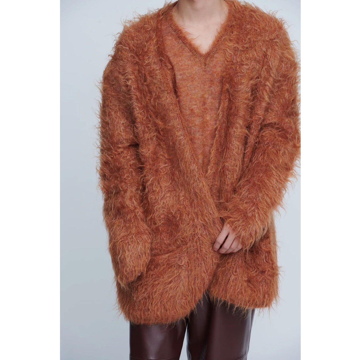 
                  
                    Shaggy V-Neck Cardigan-KHAKI-
                  
                