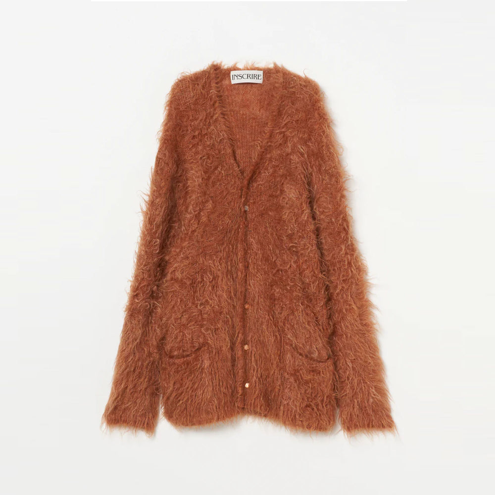 Shaggy V-Neck Cardigan-ORANGE-