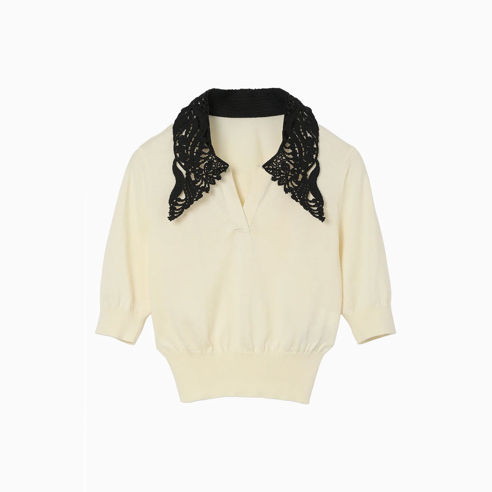 Embroidery Collar Knitted Top - ecru