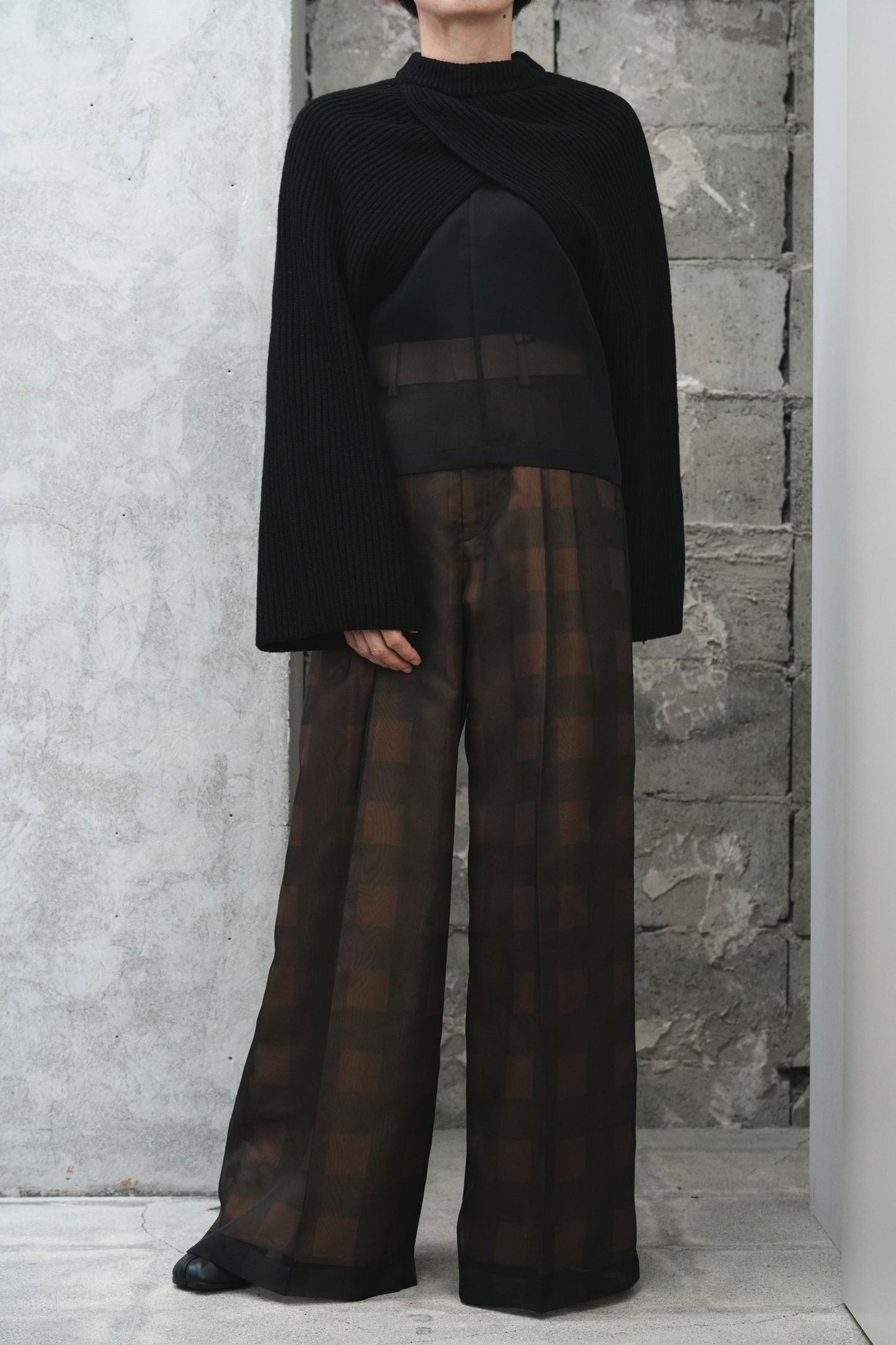 
                  
                    SHEER PLAID WIDE PANTS-GREEN-
                  
                