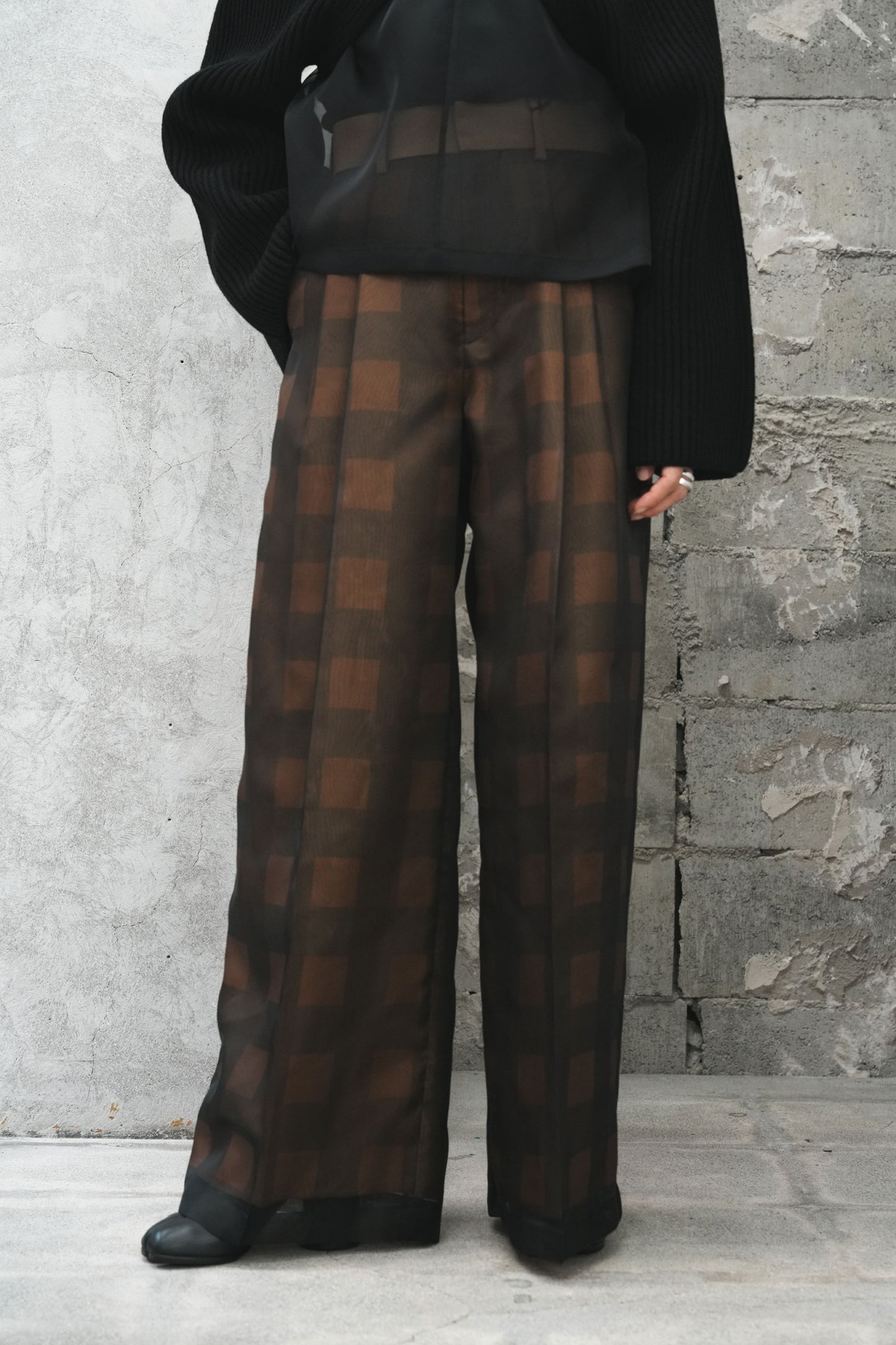
                  
                    SHEER PLAID WIDE PANTS-GREEN-
                  
                