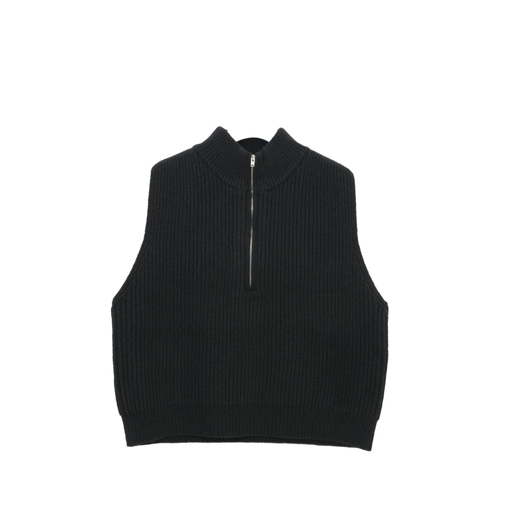 RIBBED KNIT WOOL VEST-BLACK-