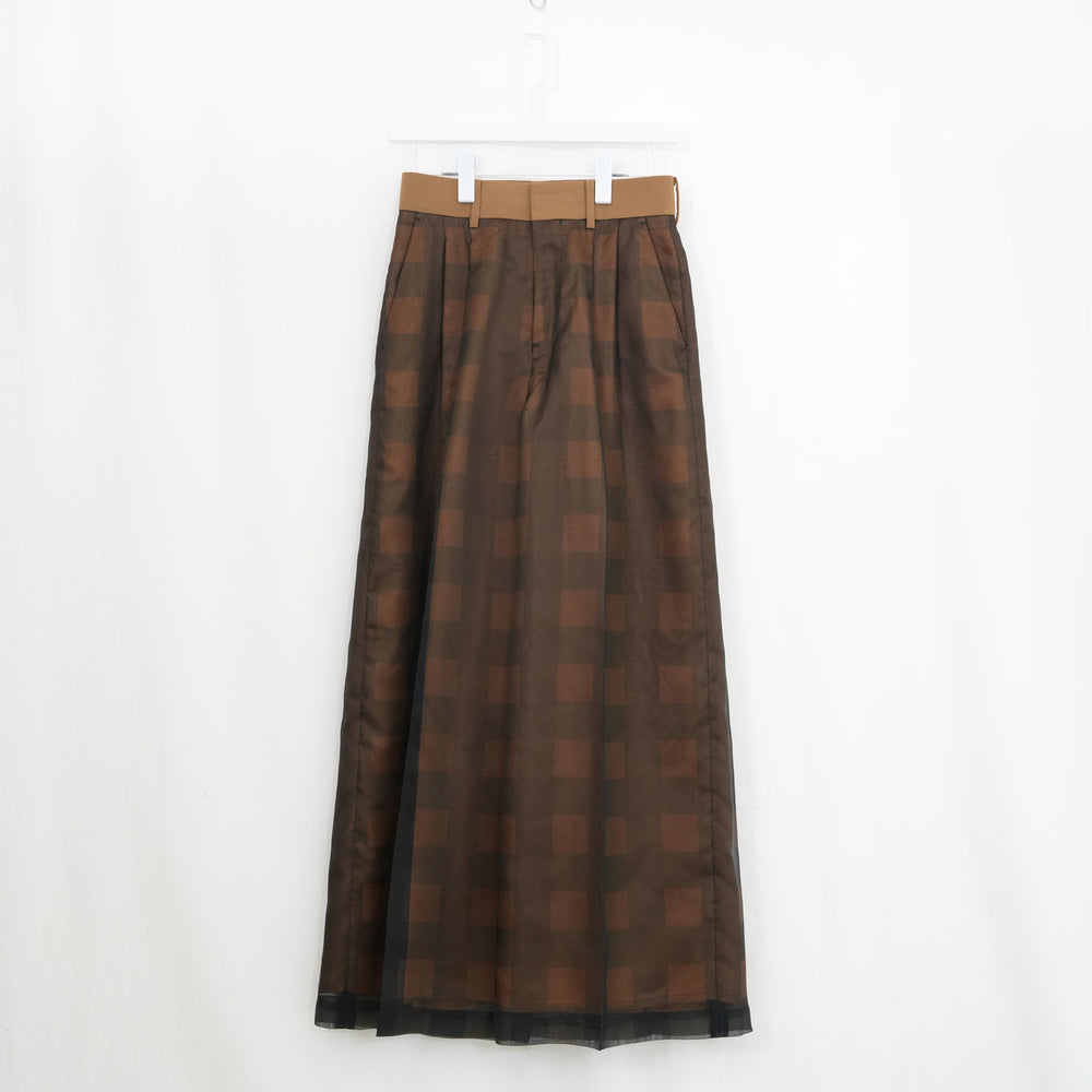 SHEER PLAID WIDE PANTS-C/BROWN-