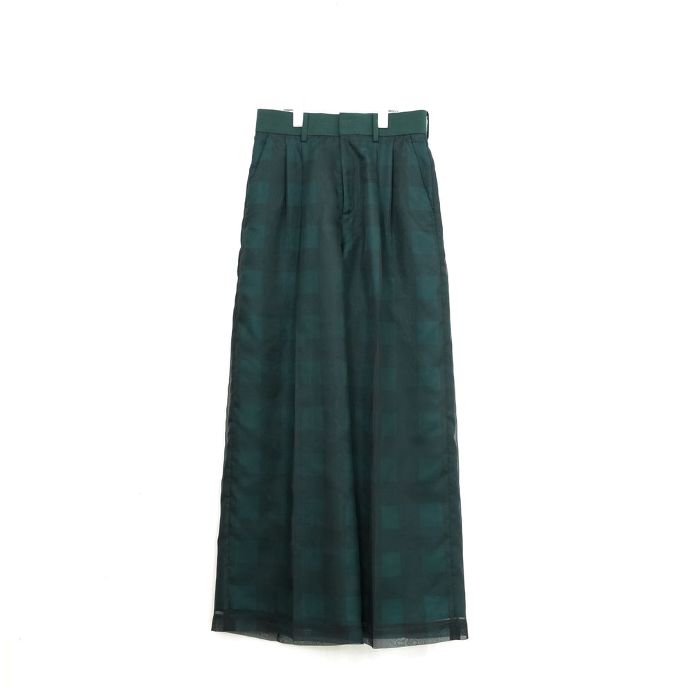 SHEER PLAID WIDE PANTS-GREEN-