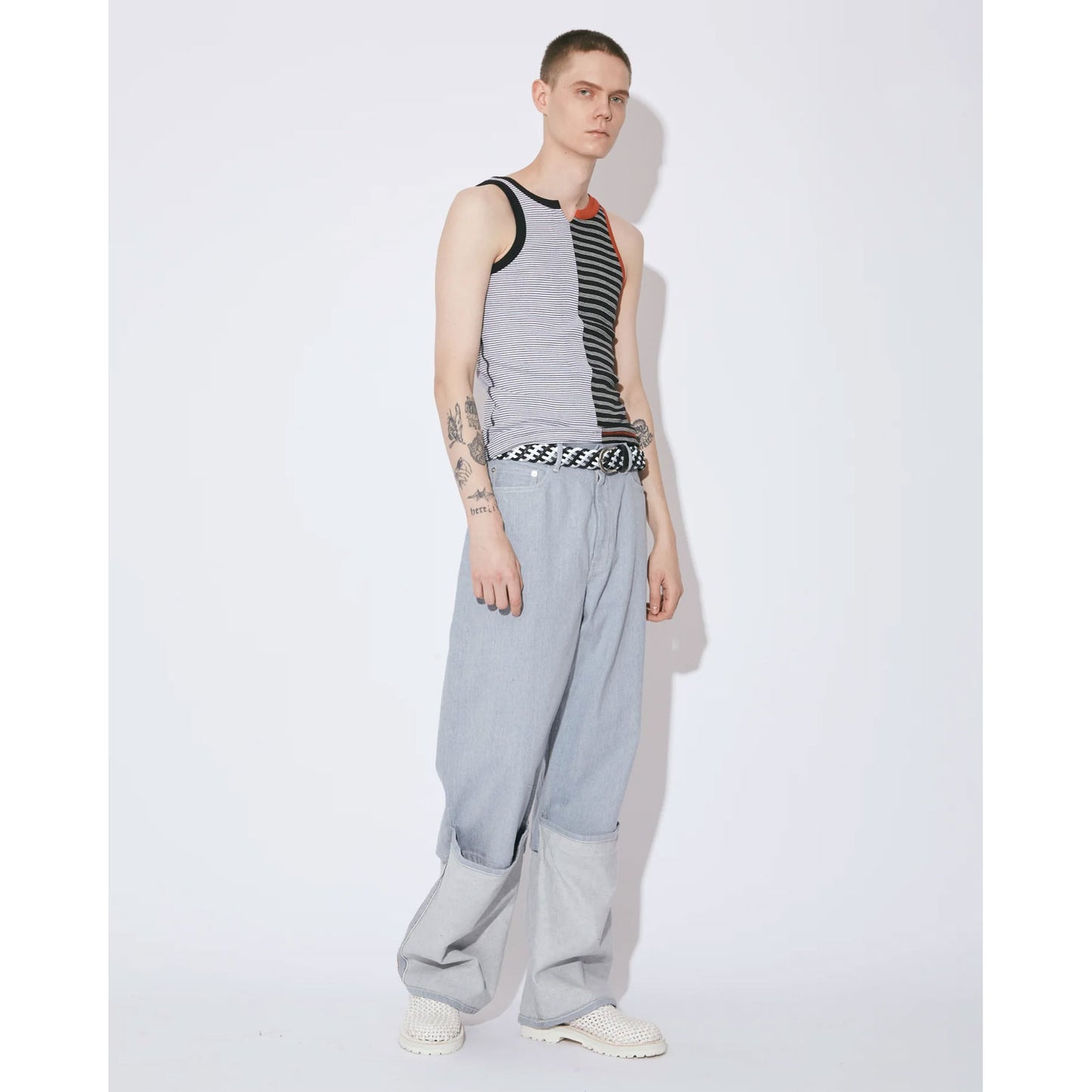 
                  
                    recycling denim flip hem pants-saxe-
                  
                