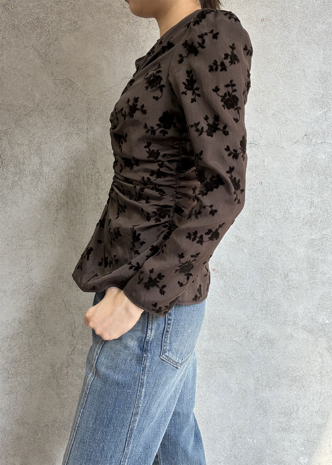 
                  
                    FLOCKED ROSE PRINT GATHERED BLOUSE
                  
                
