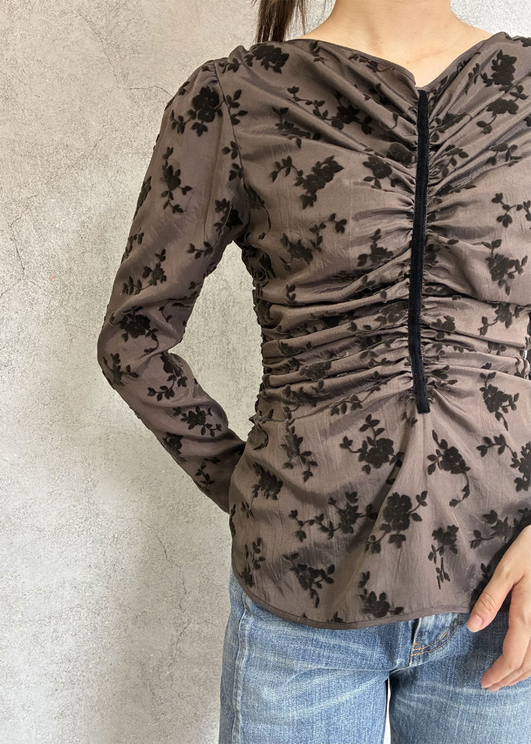 
                  
                    FLOCKED ROSE PRINT GATHERED BLOUSE
                  
                