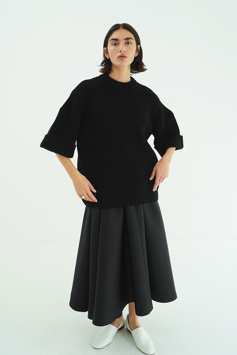 
                  
                    OVER HALF SLEEVE KNIT TOPS-BLACK-
                  
                