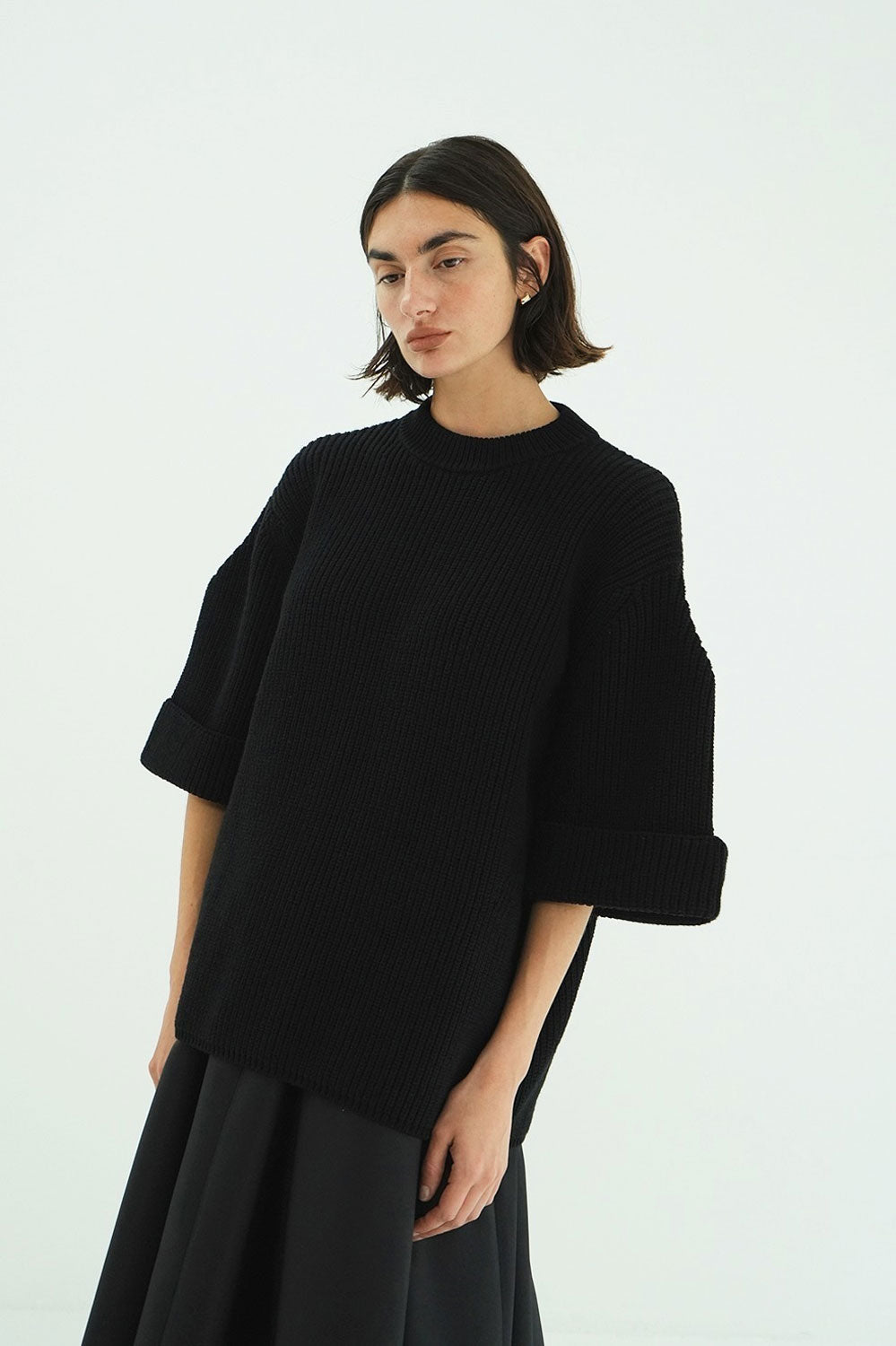 
                  
                    OVER HALF SLEEVE KNIT TOPS-BLACK-
                  
                