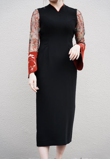 
                  
                    Acetate Polyester Floral Lace-Sleeve Dress - black
                  
                