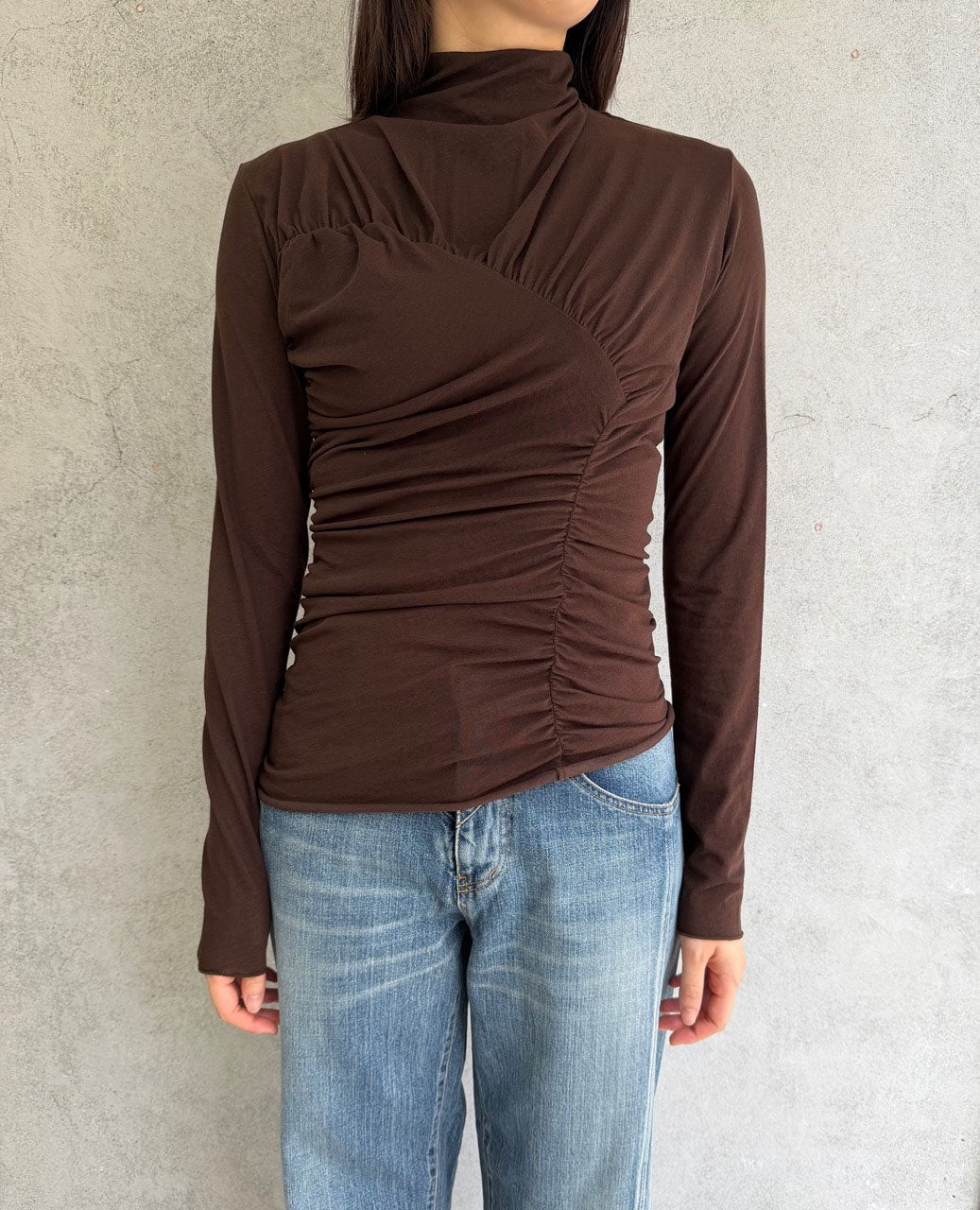 
                  
                    SHEER JERSEY ASYMMETRIC GATHERED TOP
                  
                