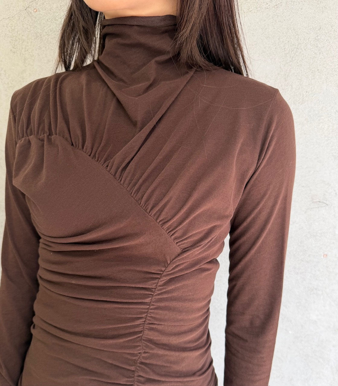 
                  
                    SHEER JERSEY ASYMMETRIC GATHERED TOP
                  
                