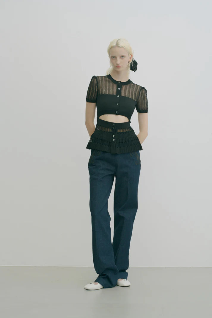 
                  
                    CONVERTIBLE SHEER STRIPE KNIT CARDIGAN -BLACK-
                  
                
