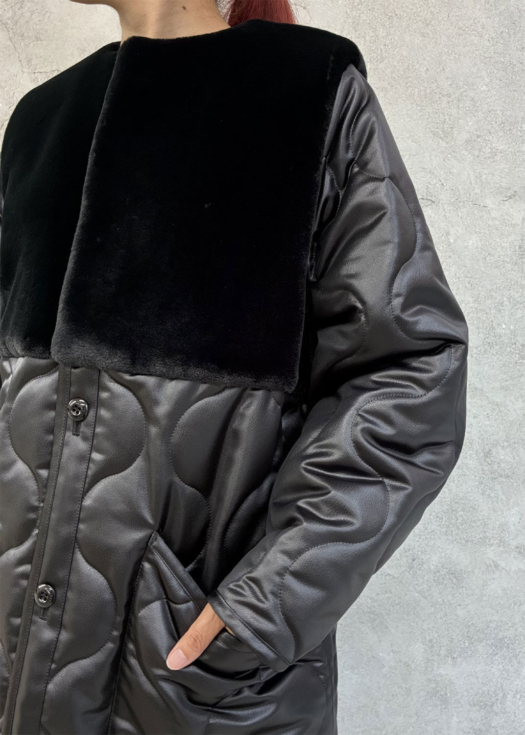
                  
                    FAUX SHEARLING-PANELED LEATHER QUILTED COAT
                  
                