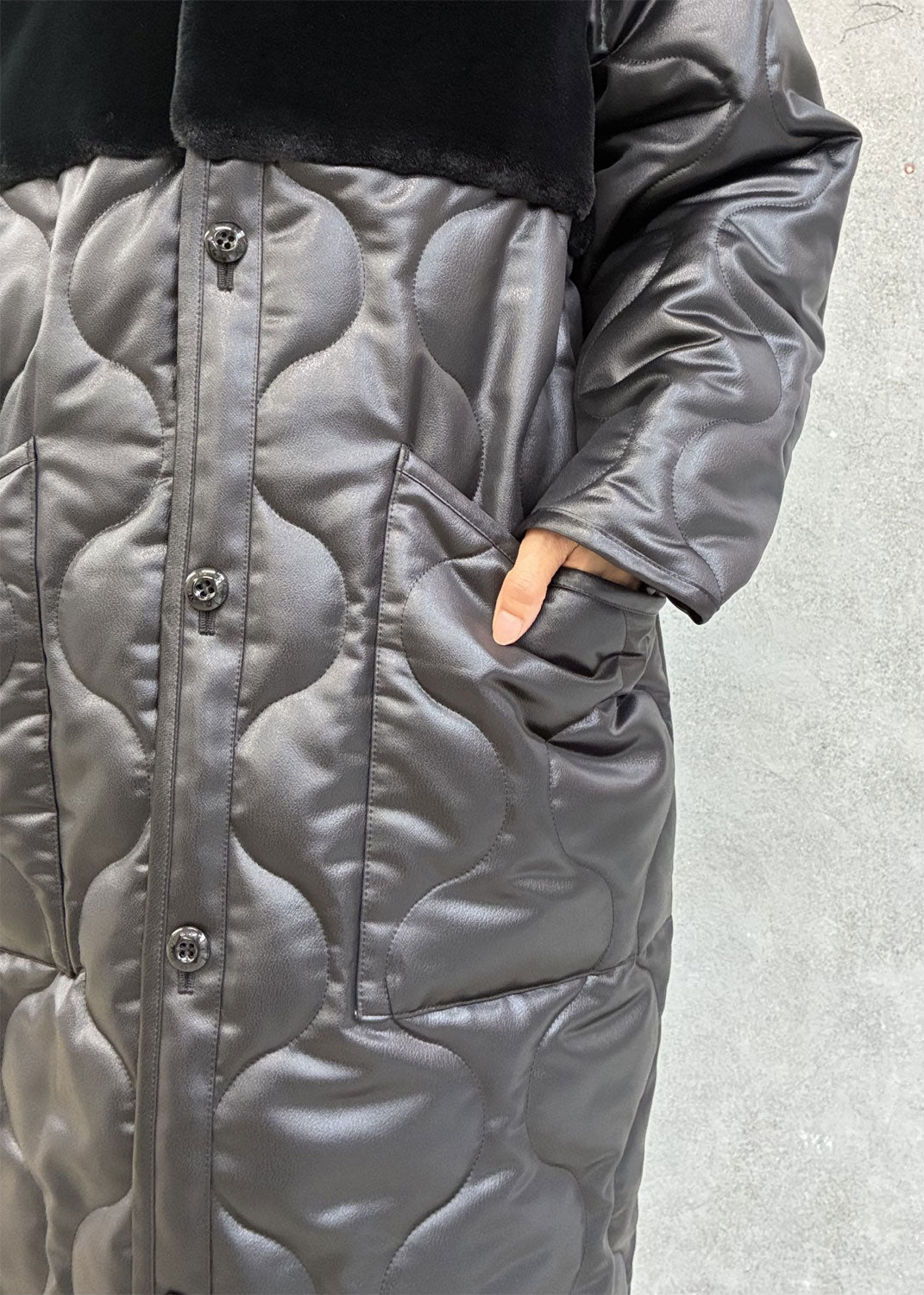 
                  
                    FAUX SHEARLING-PANELED LEATHER QUILTED COAT
                  
                