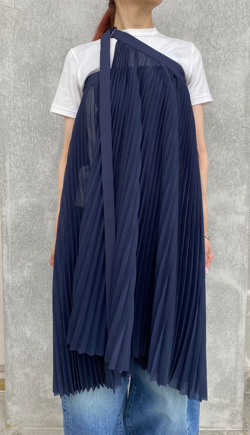 SHEER PLEATED WRAP DRESS‐NAVY- – OBLIGE