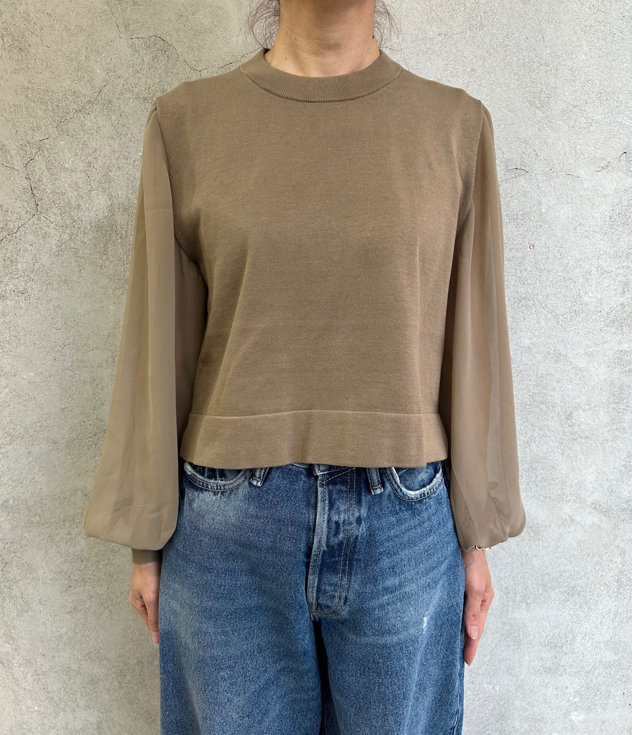 
                  
                    SHEER SLEEVES CREW NECK CROPPED KNIT-BLACK-
                  
                