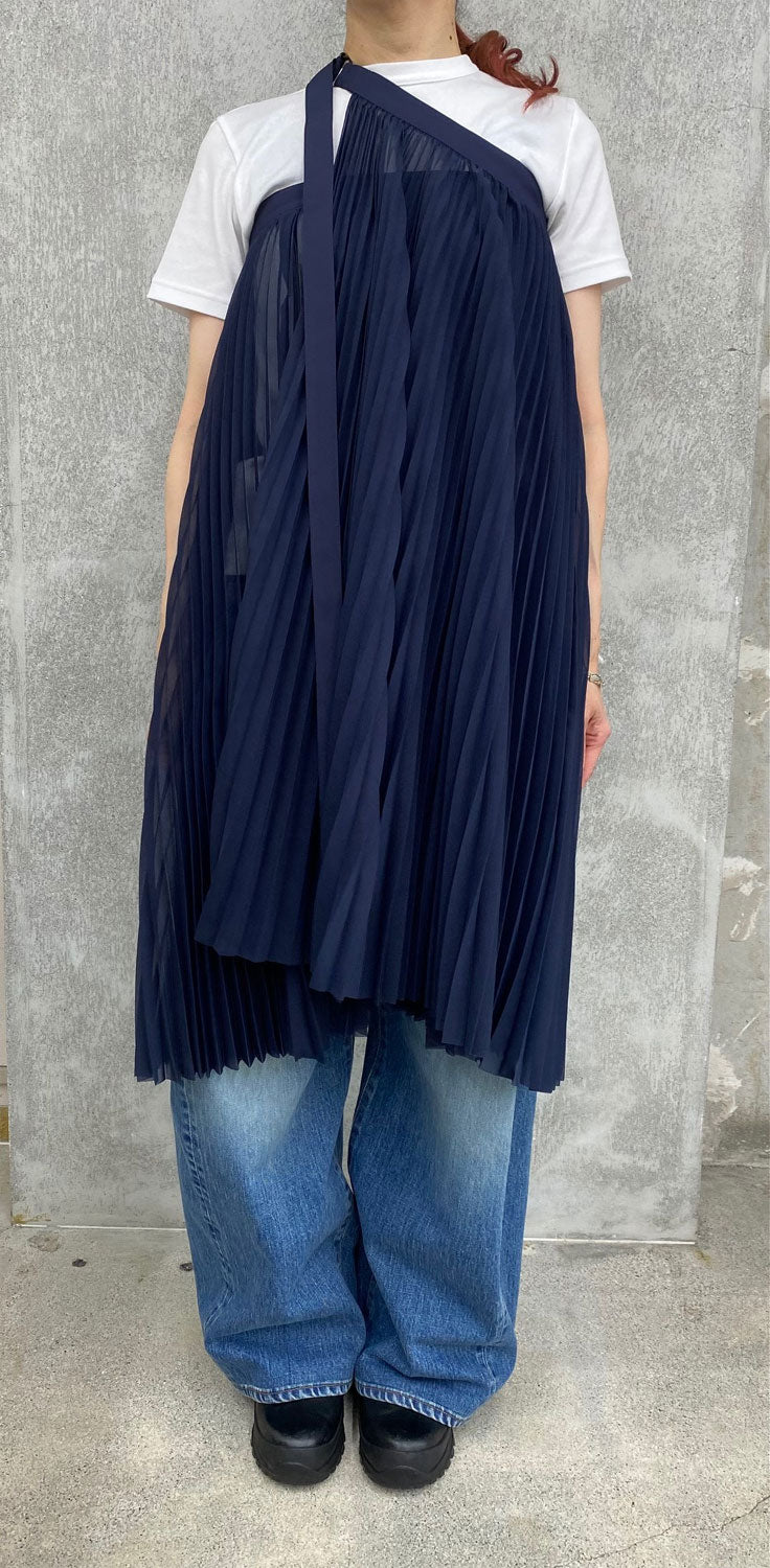 SHEER PLEATED WRAP DRESS‐NAVY- – OBLIGE