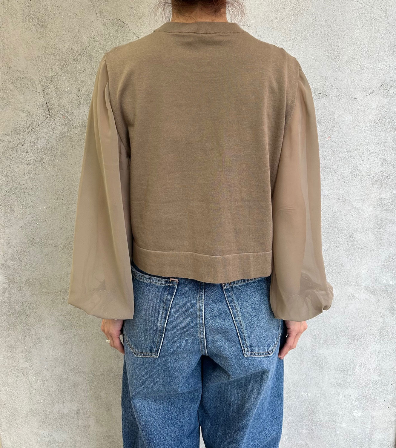 
                  
                    SHEER SLEEVES CREW NECK CROPPED KNIT-BLACK-
                  
                