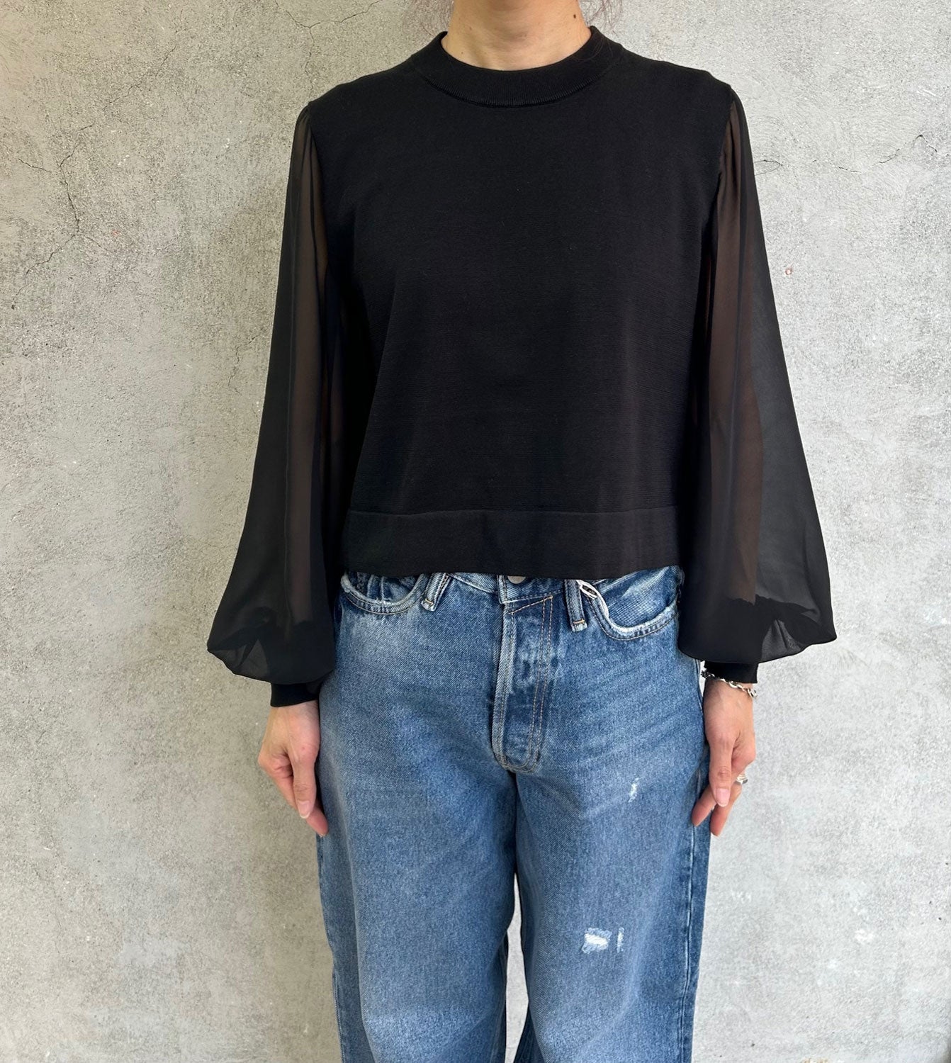 
                  
                    SHEER SLEEVES CREW NECK CROPPED KNIT-BLACK-
                  
                