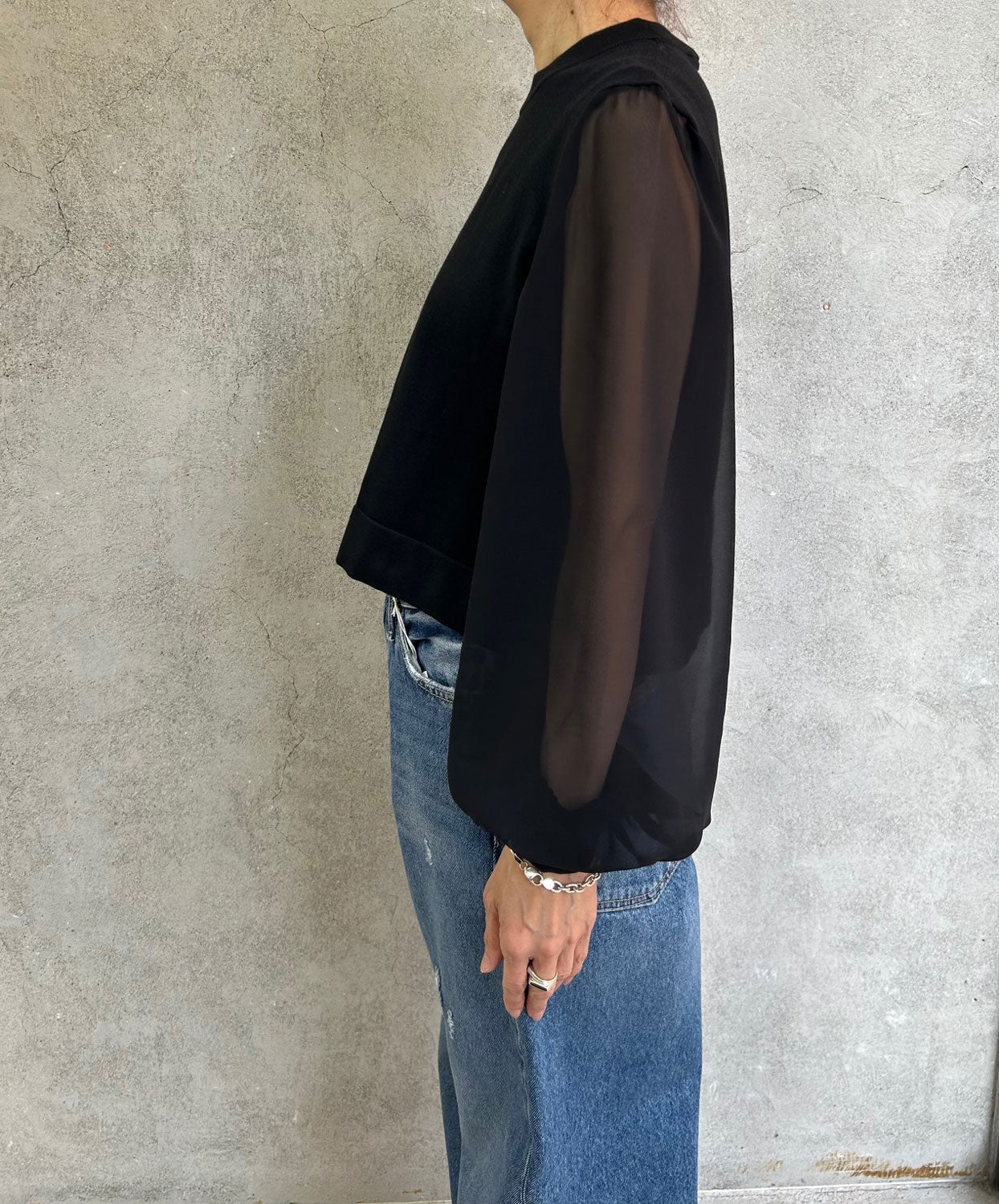 
                  
                    SHEER SLEEVES CREW NECK CROPPED KNIT-BLACK-
                  
                