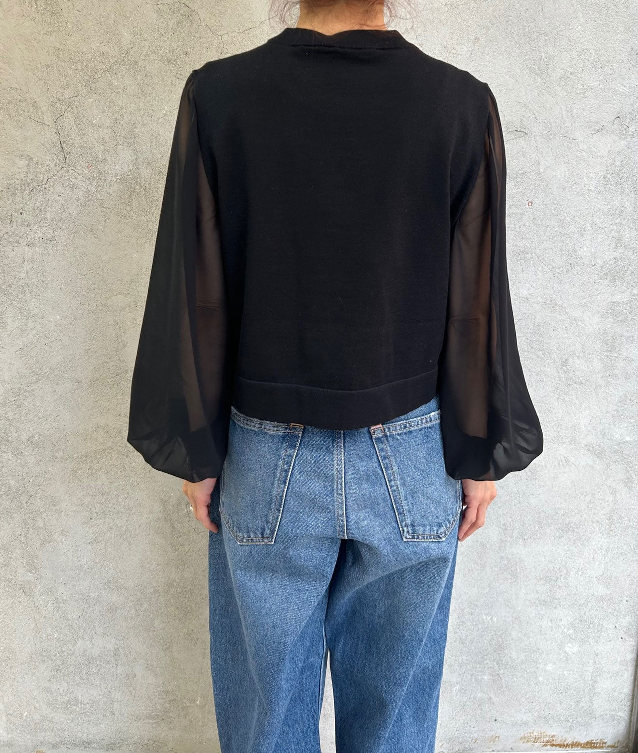 
                  
                    SHEER SLEEVES CREW NECK CROPPED KNIT-BLACK-
                  
                